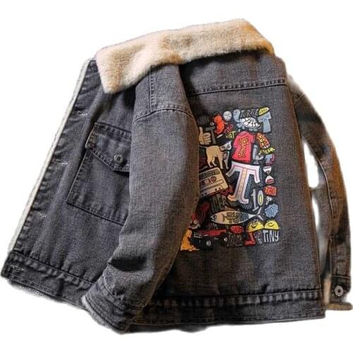 Boys Autumn and Winter Coat New Baby Girls Jackets Kids Velvet Thick Denim Jacket 2021 Childrens Trend Graffiti Print Tops