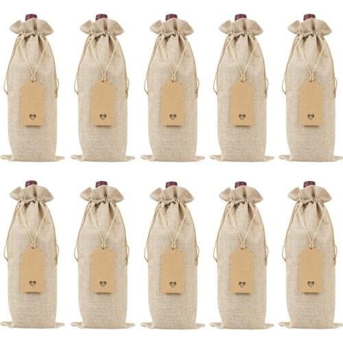 Burlap Wine Bags Wine Gift Bags with Drawstrings, Single Reusable Wine Bottle Covers with Ropes and Tags (10 Pcs)