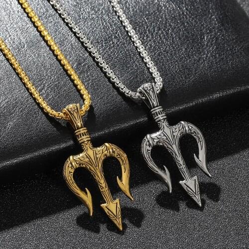 Mens Punk Trident Pendant Necklace Neptune Greece War Weapon Spear Necklace Jewelry For Friends