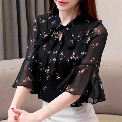2021 New Fashion Women Floral Chiffon Blouse Elegant Summer Lady Flare Sleeve Bow Tie Blousas Bottomings Pullovers Fairy WZ1362