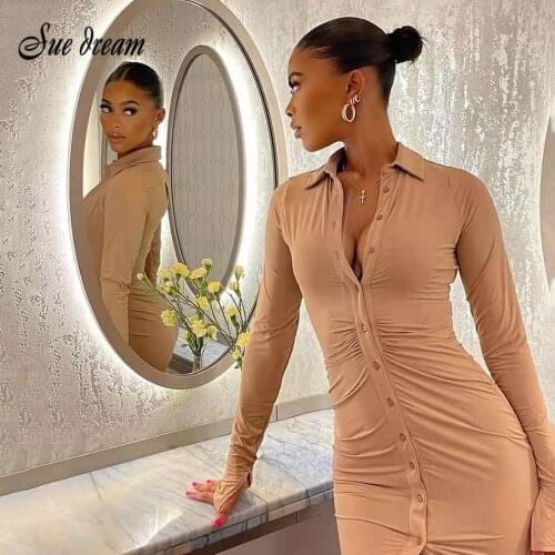 2021 New Ladies Shirt Dress Fashion Casual Lapel Collar Button Women Mini Dress Bodycon Solid Party Dress Vestido