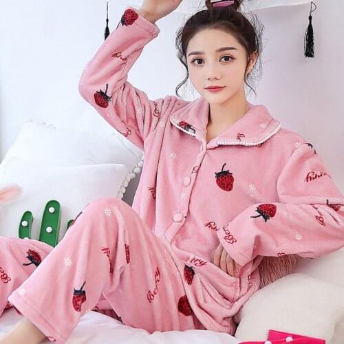 New Women Coral Fleece Pajamas Set Autumn Winter Cute Strawberry Warm Home Sleepwear Pijama Suit Girls Nightwear Pyjamas XKR01B