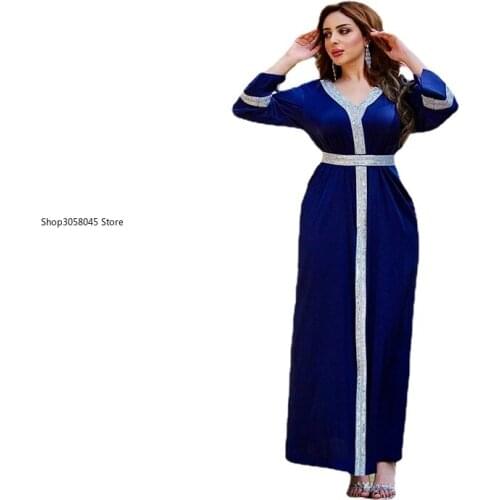 Satin Dubai Abaya Jalabiya Luxury Diamond V Neck Long Sleeve Tie Waist Muslim Women Islamic Clothes Arabic Turkey Dubai Kaftan