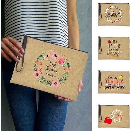Teacher Printed Clutch Bag for Women Cosmetic Linen Hand Bag Ladies Travel Wrist Bag Makeup Pouch Portable Teachers Day Gift