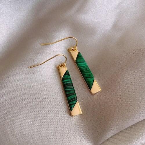 Light Yellow Gold Color Rectangle Shape Malachite Stone Stud Earrings for Party Gift Jewelry
