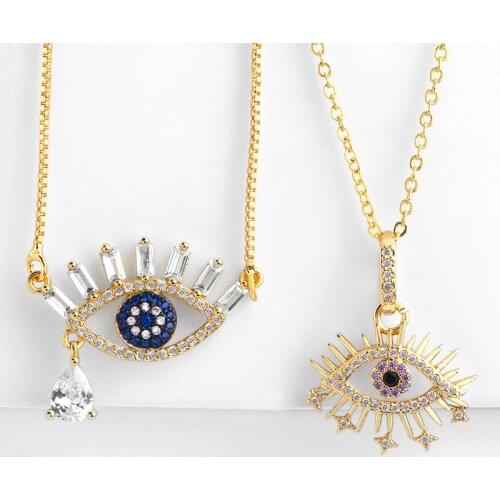 Vintage Gold Plating Copper CZ Evil Eye Necklace For Women Fashion Gold Brass Chain Boho Pendant Necklace Jewelry