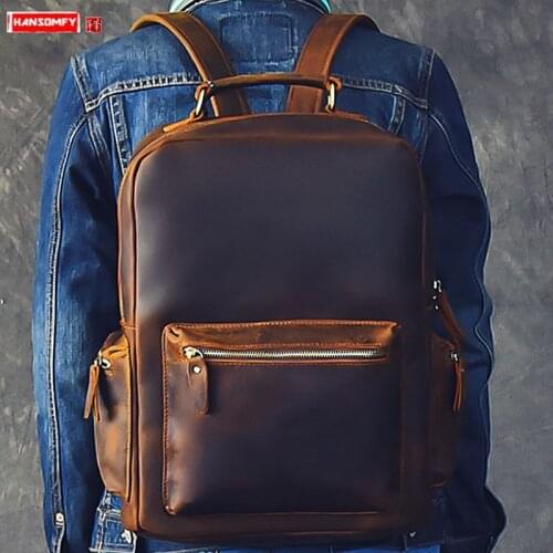 Large Capacity Crazy Horse Leather Mens Backpack Laptop bag men Travel Backpacks Male school bags Shoulder Computer Bag 2020
