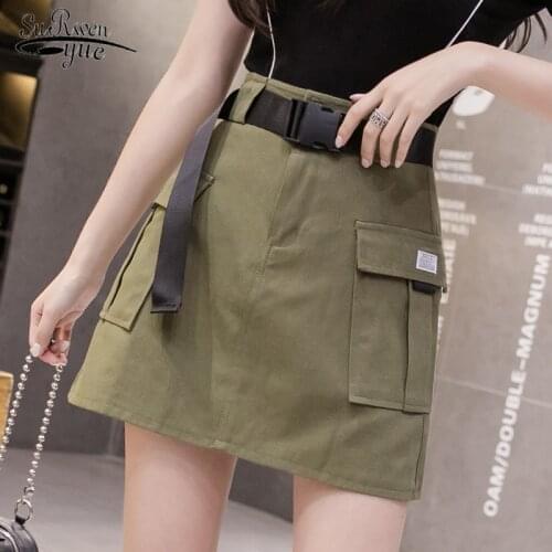 Korean Womens Skirt Summer High Waist Pocket Tooling Skirt 2020 Fashion Vintage A-Line Solid Ladies Short Skirt Female 9174 50