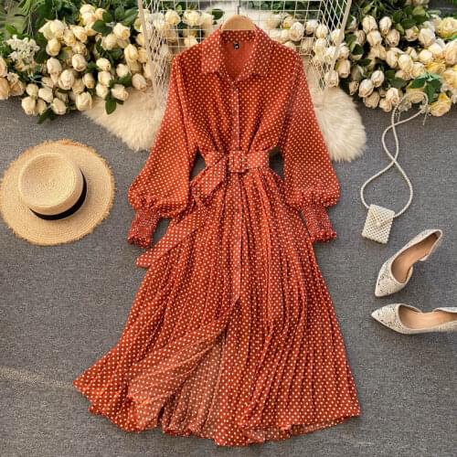 Womens Spring Summer Runway Fashion Dot Print Belt Shirt Dress Female Travel Chic Party Pleated Chiffon Dress TB1746