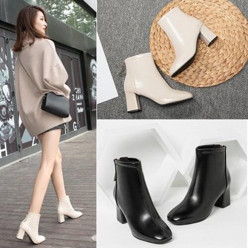 Women Net red womens shoes 2019 autumn new British wind short boots fashion square head thick with high-heeled Martin boots