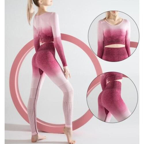 Ombre Women Yoga Set Seamless Leggings Long Sleeve Crop Top Sports Bra Running Pants Gym Clothing Fitness Workout Sports Suit L