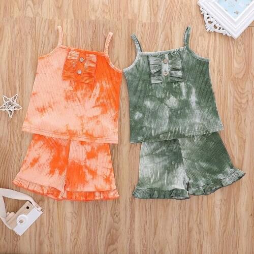 Girls Summer Two Piece Set Fashion Tie-dye Printed Button Suspender Tops and Ruffles Short Pants