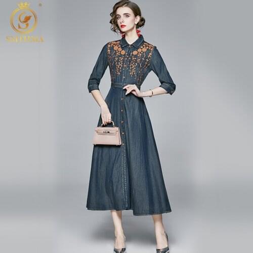 SMTHMA Women New Autumn Vintage Denim Embroidery Long Dress High Quality Elegant Party Robe Femme Designer Runway Vestidos
