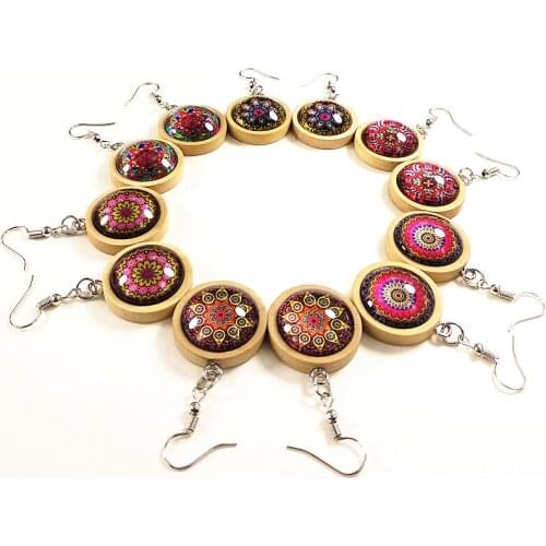 1pc Mandala earrings Wood Tray Cabochon Glass Cabochon Drop Earrings For girls party gift