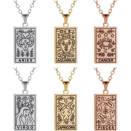 Dawapara 12 Horoscope Square Constellations Pendants Necklace Stainless Steel Dropshipping Friendship Jewelry