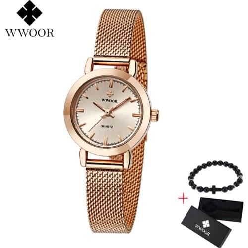 2019 Free Gift Box WWOOR Women Dress Watches Luxury Top Brand Ladies Quartz Watch Rose gold Mesh Band Bracelet Wristwatch mujer
