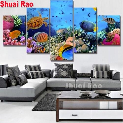 5 Piece diamond painting Underwater Sea Fish Coral Reefs Marine diamond embroidery full round 3 d cross stitch kids room decor