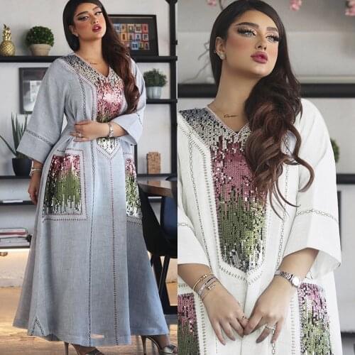 AB053 Dress To The Floor Grey White Abaya Woman Muslim Sets Sequins Loose Fat Plus Size Female Accessories Ramadan Kaftan Islam