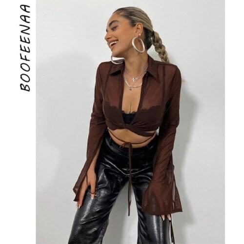 BOOFEENAA Sexy Brown Mesh See Through T Shirts Cardigan Night Club Long Sleeve Crop Top Fall 2021 Womens Fashion Blouse C71-BI14