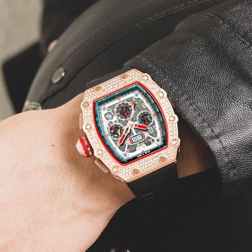 New Rose Gold Tonneau Mens Watches Famous Luxury Top Brand Quartz Analog Chronograph Diamond Large Dial Rubber RM11 Wristwatch