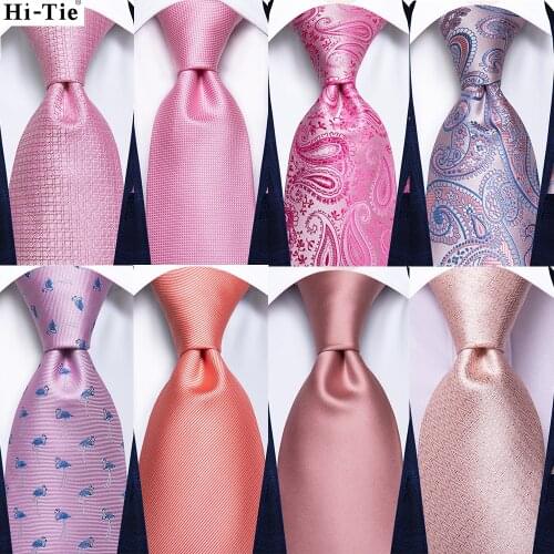 Hi-Tie Peach Pink Solid Silk Mens Wedding Tie Gift Necktie For Men Fashion Design High Quality Hanky Cufflink Set Business Party
