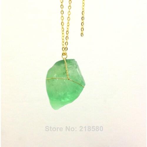 H-QN96 Green Raw Fluorite Pendant Necklace Wire Wrapped Necklace Gold or Silver