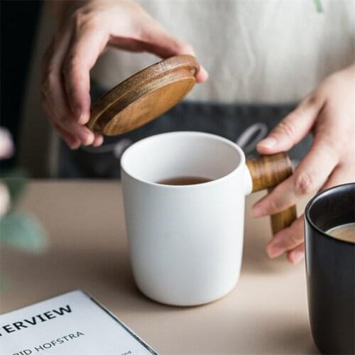 Nordic Ceramic Minimalist Coffee Mugs with Wooden Handle and Cover Lovers Tea Cup Office Drinkware Porcelain Retro Milk Mug