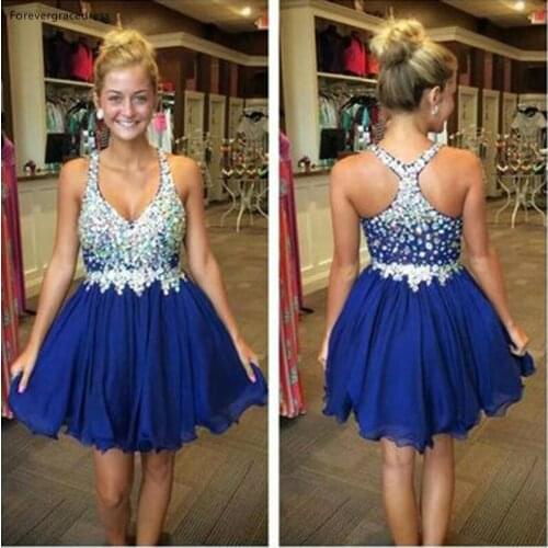 Short A Line Halter Prom Dress Sparkling Royal Blue Beaded Crysta Homecoming Party Dress Women Wear vestidos de festa