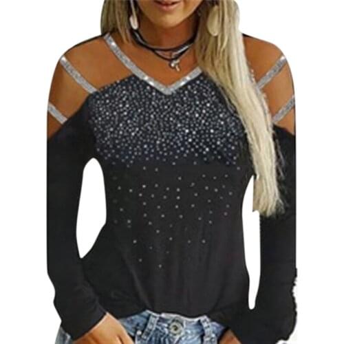 Summer Fashion T-shirt European And American Hot Style V-neck Off-the-shoulder Tops Rhinestone Long-sleeved Slim Womens T-shirt