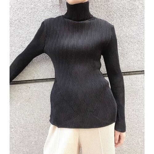 HOT SELLING Miyake fashion fold long-sleeved new sexy High collar T-shirt women IN STOCK