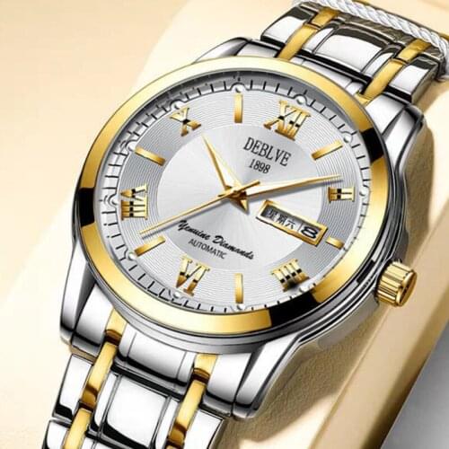 Mens Luminous Waterproof Double Calendar Full-automatic Movement Non Mechanical Watch Steel Band Student Quartz Watch