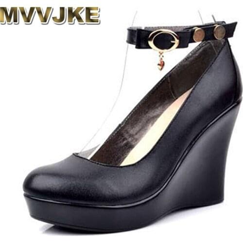 MVVJKE Fashion Ankle Strap High Wedges Platform Pumps For Women Casual Genuine Leather Black Work Shoes High Heels E147