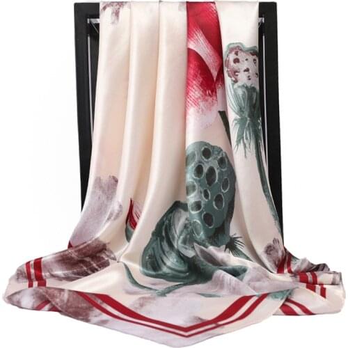 New Pattern Silk Scarves Women Lotus Print Square Head Hijab Scarf Ladies Luxury Brand Shawls 90cm Bandana female muffl poncho