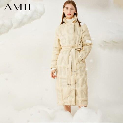 Amii Minimalism Winter Coat Women Fashion Letter Printed Belt Coat Women Causal 95%White Duck Down Womens Jacket 12040829