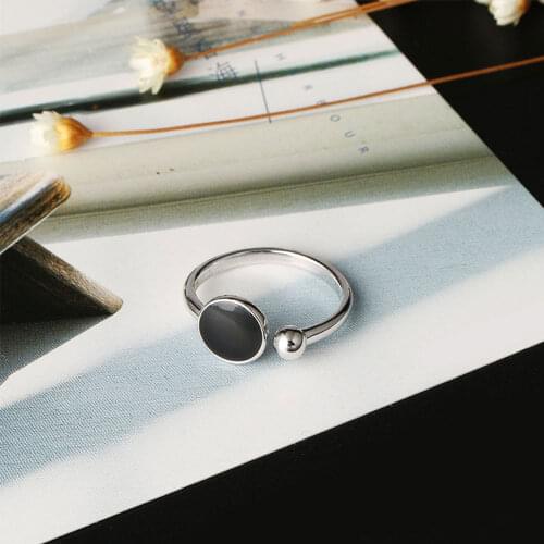 925 Sterling Silver Simple Black Round Epoxy Opening Rings Geometric Jewelry For Women S-R349