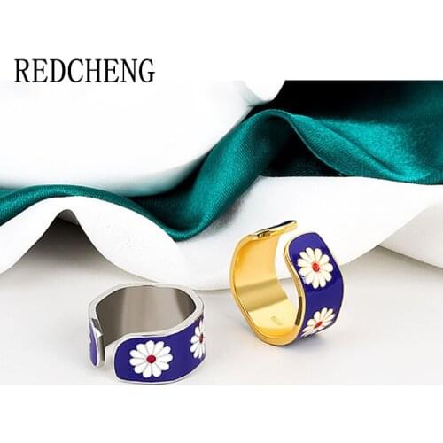 REDCHENG 925 Sterling Silver Daisy Blue Drop Glaze Opening Rings for Women INS Fashion Vintage Geometric Wedding Jewelry Gifts
