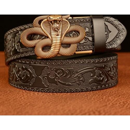 New Fashion Cobra Shape Buckle Belt for Men Retro Automatic Buckle Male Strap High Quality Genuine Leather Waistband Carving