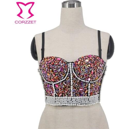 Pink Diamond & White Pearl Beading Nightclub Belly Dance Rock Rave Sexy Bra Crop Top Women Push Up Bralette Soutien Gorge Femme