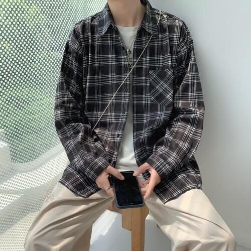 Male Oversized Harajuku Clothing Mens Plaid Cotton Korean Shirts 2021 Mens Blue Casual Streetwear Shirts Long Sleeve