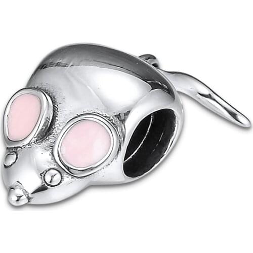 DIY Fits for Pandora Charms Bracelets Cute Mouse Beads with Pink Enamel 100% 925 Sterling-Silver-Jewelry Free Shipping
