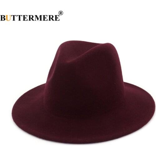 BUTTERMERE 100% Wool Wide Brim Simple Church Derby Top Hat Panama Solid Felt Fedoras Hat for Men Women Solid Burgundy Jazz Cap