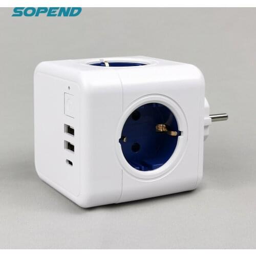 Sopend Power Strip 2*USB Electric with Switch+Type-C Socket Tee Powercube Strips Plug Smart Outlet Extension Adapter European