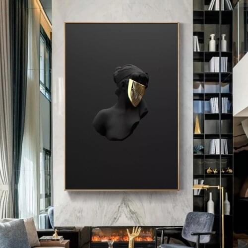 Golden Skull Head Statue Home Decor Canvas Art Abstract Paintings Posters and Prints Modern Home Living Room Bedroom Decoration