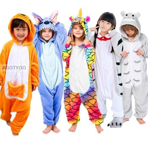 Stitch Unicorn Panda Tiger Pig Totoro Zebra Animal Onesies Kids Cute Cartoon Pajamas Girls Boys Flannel Sleepwear
