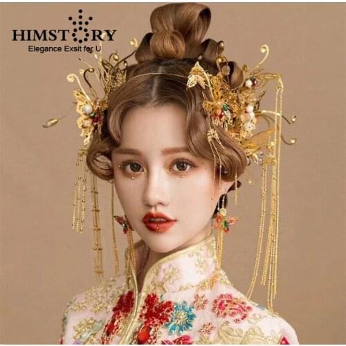 HIMSTORY Chinese Style Wedding Costume Hair Tiaras Traditional Gold Color Brides Headband Princess Long Tassel Queen Hair Crown