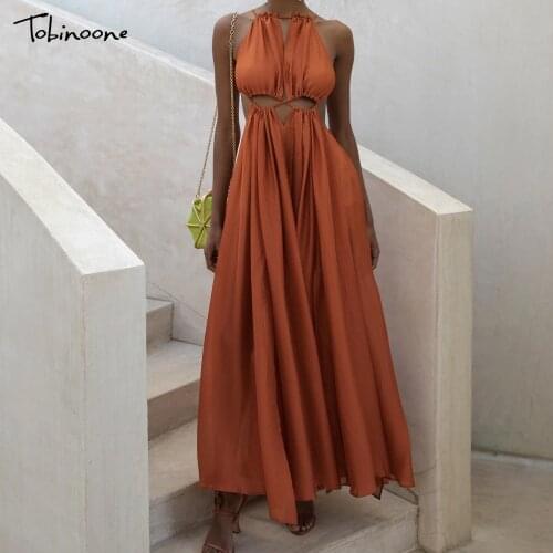 Tobinoone Halter Hollow Out Sleeveless Party Dress Women Lace Up High Waist Maxi Dresses Solid Losses V Neck Sexy Vestidos 2021