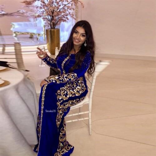 Velour Mermaid Moroccan Kaftan Evening Dress Sexy Dubai Royal Blue V Neck Long Sleeve Applique Muslim Arabic Prom Dresses Custom