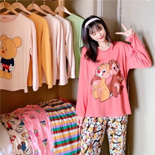 Disney Cartoon Minnie Squirrel Spring&Autumn Pajamas Female Autumn Cute Cartoon Long Sleeved Powder Home Service Suit Pajamas