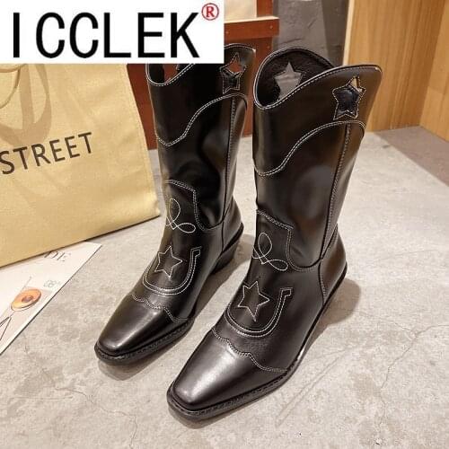 Women Western Mid Calf Boots PU Leather Boot Ladies Black Cowboy Retro Womens Working Oxford Shoes Female Vintage Casual
