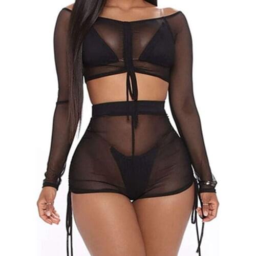 Ladies Sexy Transparent Clothes Suit Black Long-Sleeved Short Top And Beach/Seaside High-Waist Shorts 2021 Summer Sexy New